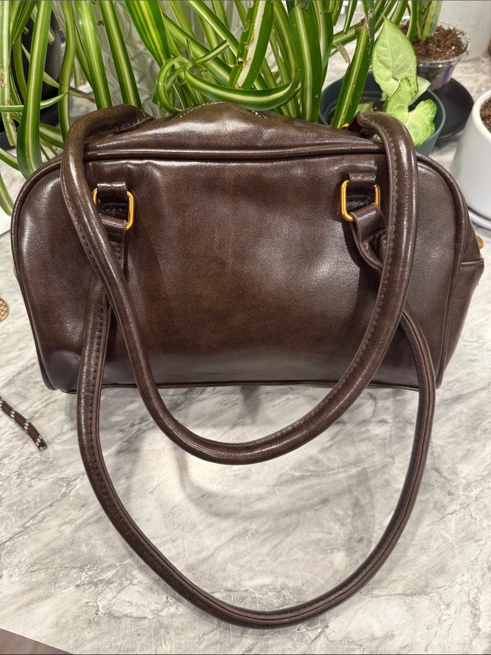 Brown Leather Double-Pocket Shoulder Bag